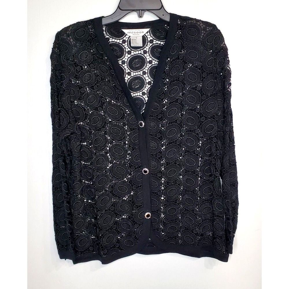 Misook Womens Petite Black Crochet Lace Long Sleeve Jewel Button Cardigan SZ PL